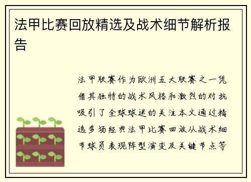 法甲比赛回放精选及战术细节解析报告